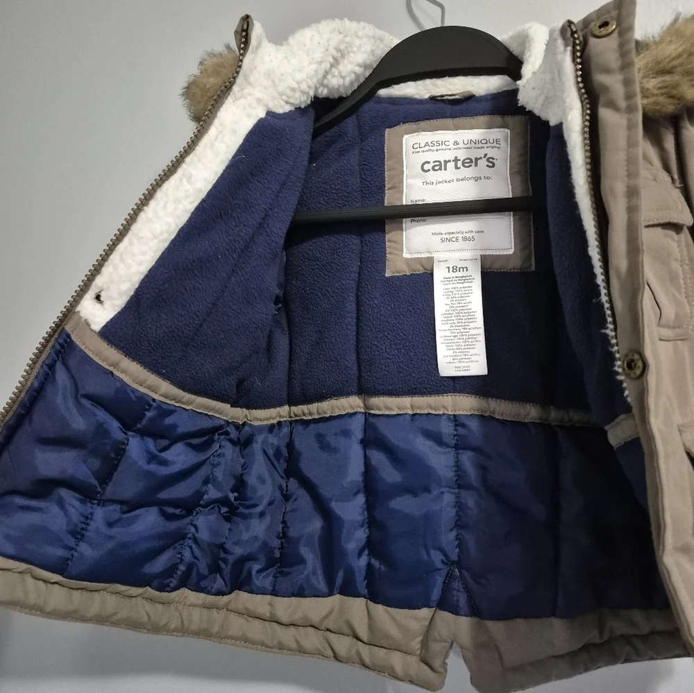 Carter's Tan and Blue Winter Parka with Faux Fur Hood